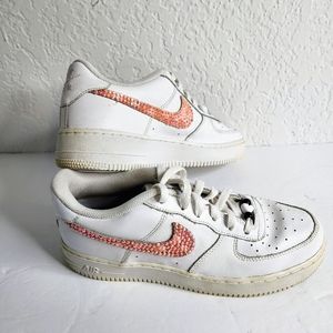Nike Air Force 1 AF1 Sneakers White w Custom Pink Rhinestone Swoosh Size 7Y